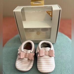 Freshly Picked Pink Candy Stripe Bow Moccasins